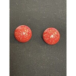 Vintage Red Lucite Gold Swirl Clip On Button Earrings Costume